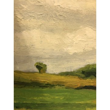 ANTICO DIPINTO OLIO TELA PAESAGGIO IMPRESSIONISTA CAMPAGNA CAMPI ESTATE 40X30 cm