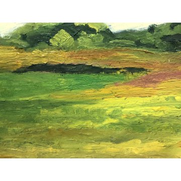 ANTICO DIPINTO OLIO TELA PAESAGGIO IMPRESSIONISTA CAMPAGNA CAMPI ESTATE 40X30 cm