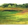 ANTICO DIPINTO OLIO TELA PAESAGGIO IMPRESSIONISTA CAMPAGNA CAMPI ESTATE 40X30 cm