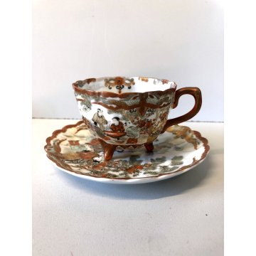 ANTICA TAZZA CAFFE PIATTINO PORCELLANA GIAPPONESE GUSCIO D'UOVO DECORO ISTORIATO