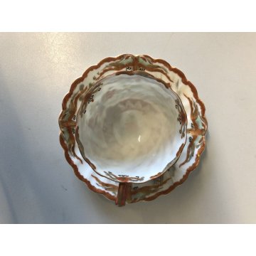 ANTICA TAZZA CAFFE PIATTINO PORCELLANA GIAPPONESE GUSCIO D'UOVO DECORO ISTORIATO