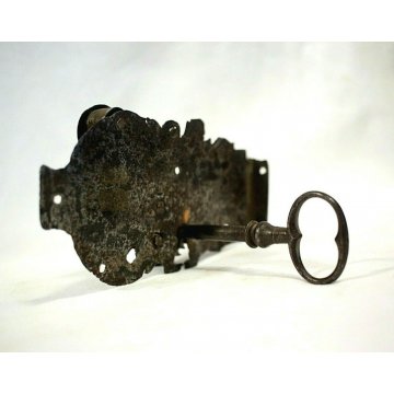 ANTICA SERRATURA ferro battuto CHIAVE 600 FUNZIONANTE SMALL DOOR LOCK IRON KEY  