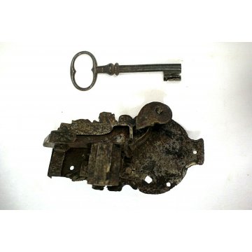 ANTICA SERRATURA ferro battuto CHIAVE 600 FUNZIONANTE SMALL DOOR LOCK IRON KEY  