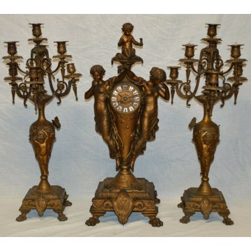 ANTICO TRITTICO DORATO Orologio Parigina 2 CANDELABRO epoca 1900 ART NOUVEAU