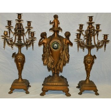 ANTICO TRITTICO DORATO Orologio Parigina 2 CANDELABRO epoca 1900 ART NOUVEAU