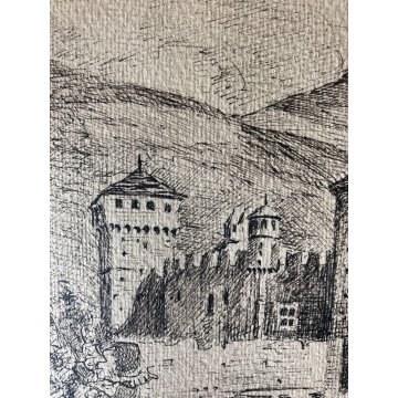 ANTICO DISEGNO Guido Gagliardi PAESAGGIO VEDUTA CASTELLO Fenis VALLE D'AOSTA 900