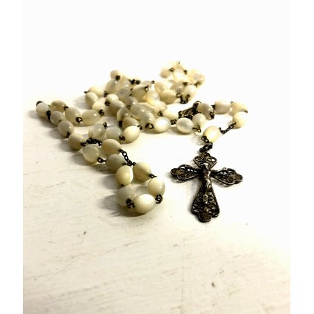 ANTICO ROSARIO CORONA GRANI MADREPERLA 6 mm FILIGRANA ARGENTO 800 RELIGIOSO '900