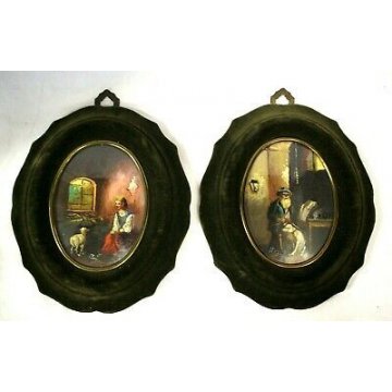 ANTICA COPPIA DIPINTO OVALE MINIATURA RITRATTO INTERNO RURALE PORTRAIT  '900