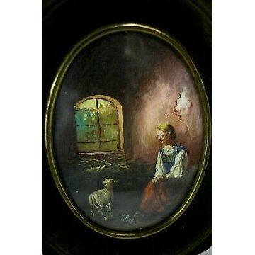  ANTICA COPPIA DIPINTO OVALE MINIATURA RITRATTO INTERNO RURALE PORTRAIT  '900