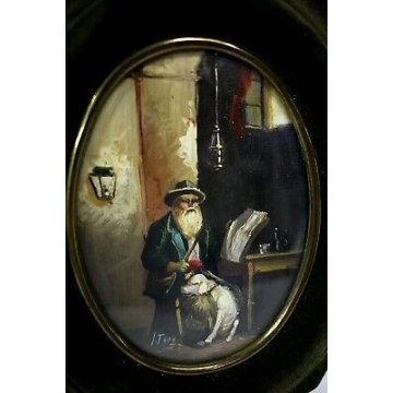 ANTICA COPPIA DIPINTO OVALE MINIATURA RITRATTO INTERNO RURALE PORTRAIT  '900