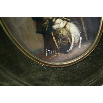  ANTICA COPPIA DIPINTO OVALE MINIATURA RITRATTO INTERNO RURALE PORTRAIT  '900