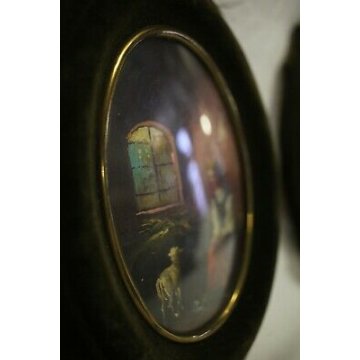  ANTICA COPPIA DIPINTO OVALE MINIATURA RITRATTO INTERNO RURALE PORTRAIT  '900