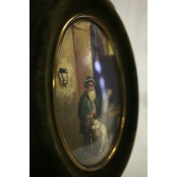  ANTICA COPPIA DIPINTO OVALE MINIATURA RITRATTO INTERNO RURALE PORTRAIT  '900