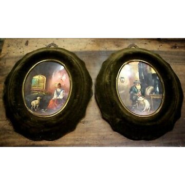  ANTICA COPPIA DIPINTO OVALE MINIATURA RITRATTO INTERNO RURALE PORTRAIT  '900