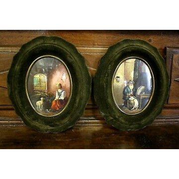  ANTICA COPPIA DIPINTO OVALE MINIATURA RITRATTO INTERNO RURALE PORTRAIT  '900