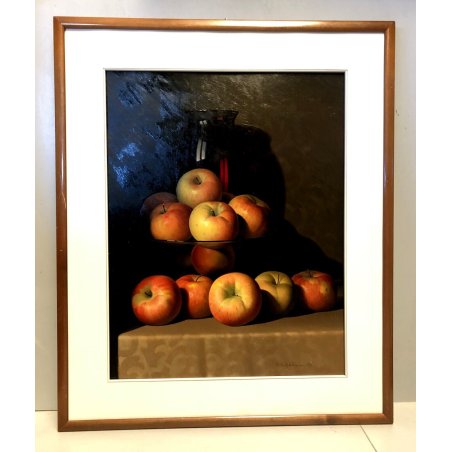 QUADRO OLIO R.G. Battaini NATURA MORTA "Mele e vaso rubino" REALISMO MAGICO 1940