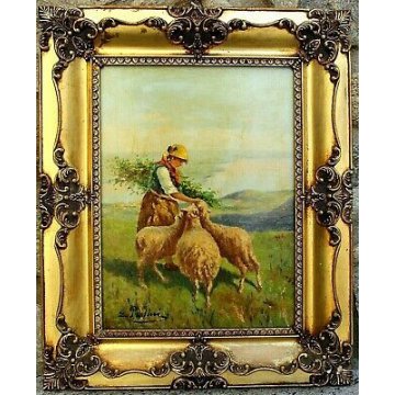 ANTICO QUADRO OLIO TAVOLA E. Pasini primi '900 RITRATTO CONTADINA PECORE PASCOLO