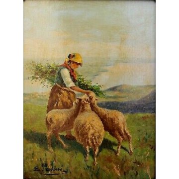 ANTICO QUADRO OLIO TAVOLA E. Pasini primi '900 RITRATTO CONTADINA PECORE PASCOLO
