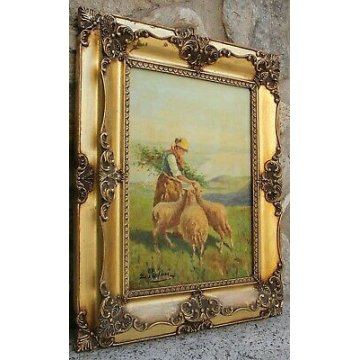 ANTICO QUADRO OLIO TAVOLA E. Pasini primi '900 RITRATTO CONTADINA PECORE PASCOLO
