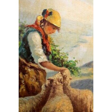 ANTICO QUADRO OLIO TAVOLA E. Pasini primi '900 RITRATTO CONTADINA PECORE PASCOLO