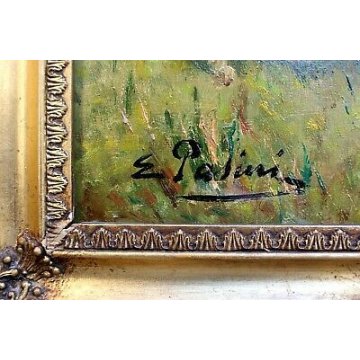 ANTICO QUADRO OLIO TAVOLA E. Pasini primi '900 RITRATTO CONTADINA PECORE PASCOLO