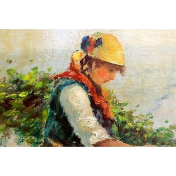 ANTICO QUADRO OLIO TAVOLA E. Pasini primi '900 RITRATTO CONTADINA PECORE PASCOLO