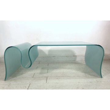 TAVOLINO BASSO CAFFE' VETRO TEMPRATO CURVATO "WAVE"  PORTARIVISTE 60x100x40 ca.