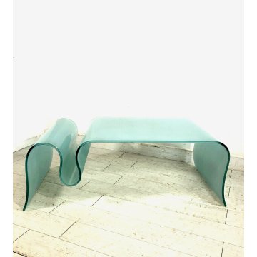 TAVOLINO BASSO CAFFE' VETRO TEMPRATO CURVATO "WAVE"  PORTARIVISTE 60x100x40 ca.
