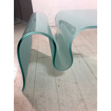 TAVOLINO BASSO CAFFE' VETRO TEMPRATO CURVATO "WAVE"  PORTARIVISTE 60x100x40 ca.