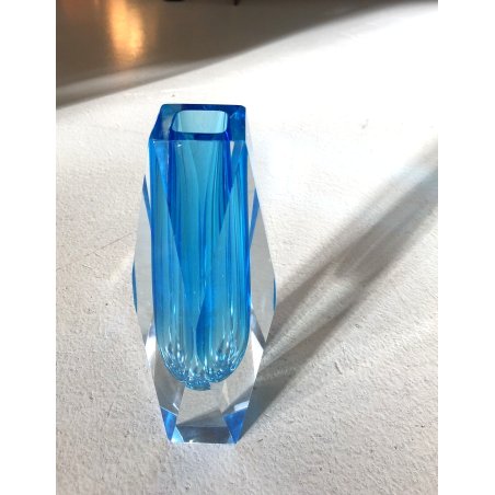 VASO VINTAGE VETRO MURANO SOMMERSO Flavio Poli SFACCETTATO TRASPARENTE AZZURRO