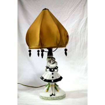 LAMPADA VEILLEUSE Pierrot CERAMICA DIPINTA ABATJOUR con PARALUME  LAMP ART DECO'