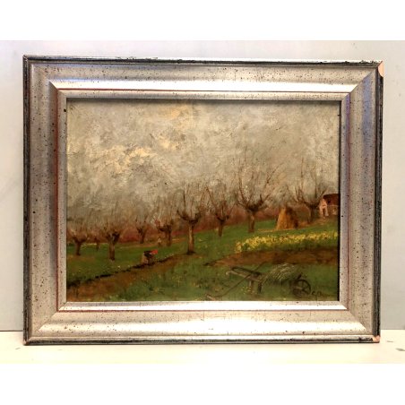 ANTICO DIPINTO OLIO FIRMATO PAESAGGIO RURALE FRUTTETO CONTADINA RACCOLTO '900