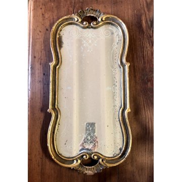 ANTICO VASSOIO LEGNO SAGOMATO SPECCHIO DECORO VENEZIANO FOGLIA ORO EPOCA '800
