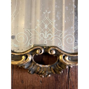 ANTICO VASSOIO LEGNO SAGOMATO SPECCHIO DECORO VENEZIANO FOGLIA ORO EPOCA '800