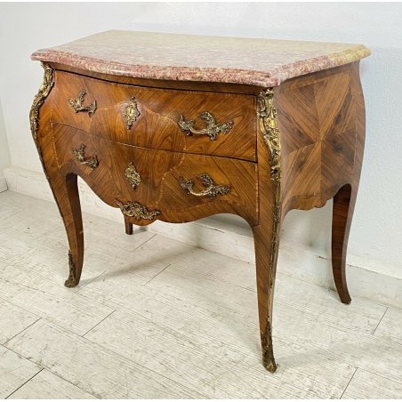 ANTICO COMÒ LUIGI XV 1700 LEGNO MARMO CASSETTONE INTARSIATO BOMBATO MOSSO EPOCA