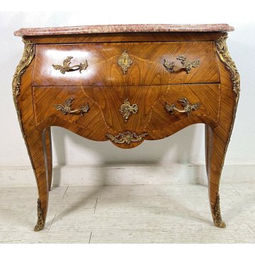 ANTICO COMÒ LUIGI XV 1700 LEGNO MARMO CASSETTONE INTARSIATO BOMBATO MOSSO EPOCA