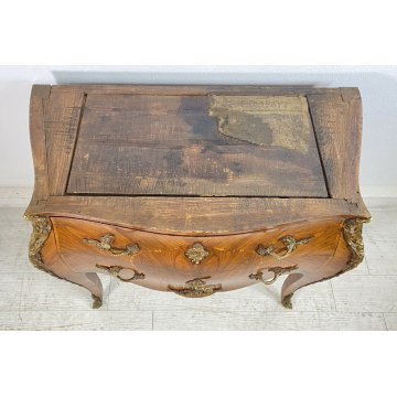 ANTICO COMÒ LUIGI XV 1700 LEGNO MARMO CASSETTONE INTARSIATO BOMBATO MOSSO EPOCA