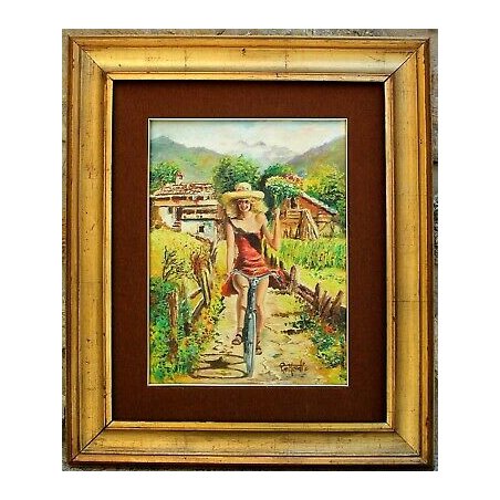 QUADRO DIPINTO OLIO TELA R. Moretti RITRATTO RAGAZZA BICICLETTA BAITE MONTAGNA