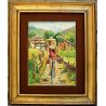 QUADRO DIPINTO OLIO TELA R. Moretti RITRATTO RAGAZZA BICICLETTA BAITE MONTAGNA