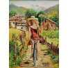 QUADRO DIPINTO OLIO TELA R. Moretti RITRATTO RAGAZZA BICICLETTA BAITE MONTAGNA