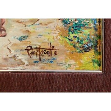 QUADRO DIPINTO OLIO TELA R. Moretti RITRATTO RAGAZZA BICICLETTA BAITE MONTAGNA