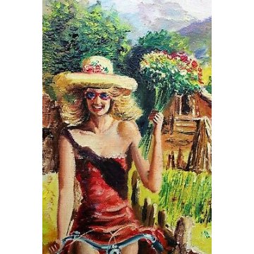 QUADRO DIPINTO OLIO TELA R. Moretti RITRATTO RAGAZZA BICICLETTA BAITE MONTAGNA
