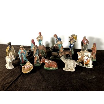 RARO ANTICO PRESEPE 17 STATUINE GESSO ANIMALI NATIVITA' NATALE EPOCA primo '900