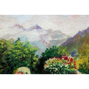 QUADRO DIPINTO OLIO TELA R. Moretti RITRATTO RAGAZZA BICICLETTA BAITE MONTAGNA