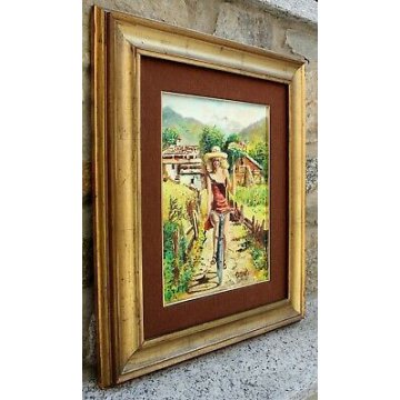 QUADRO DIPINTO OLIO TELA R. Moretti RITRATTO RAGAZZA BICICLETTA BAITE MONTAGNA