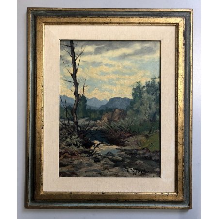 QUADRO DIPINTO OLIO I. De Regibus PAESAGGIO AUTUNNO TORRENTE PIANURA NOVARESE 74