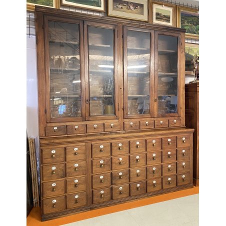 ANTICA CREDENZA FARMACIA 40 CASSETTI 4 ANTE 1800 LEGNO NOCE CASSETTIERA VETRINA
