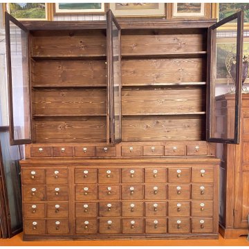 ANTICA CREDENZA FARMACIA 40 CASSETTI 4 ANTE 1800 LEGNO NOCE CASSETTIERA VETRINA