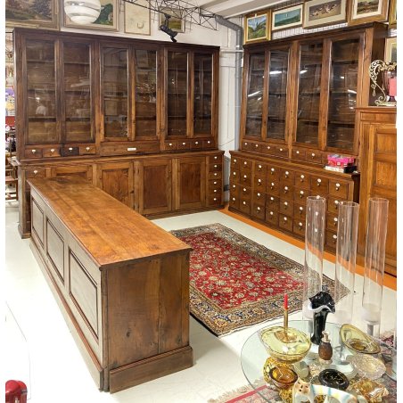 ANTICO NEGOZIO FARMACIA 60 CASSETTI 14 ANTE 1800 BANCONE LEGNO NOCE CASSETTIERA