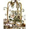 ANTICO LAMPADARIO A SOSPENSIONE epoca 900 FERRO BATTUTO dipinto FIORI 3 luci OLD